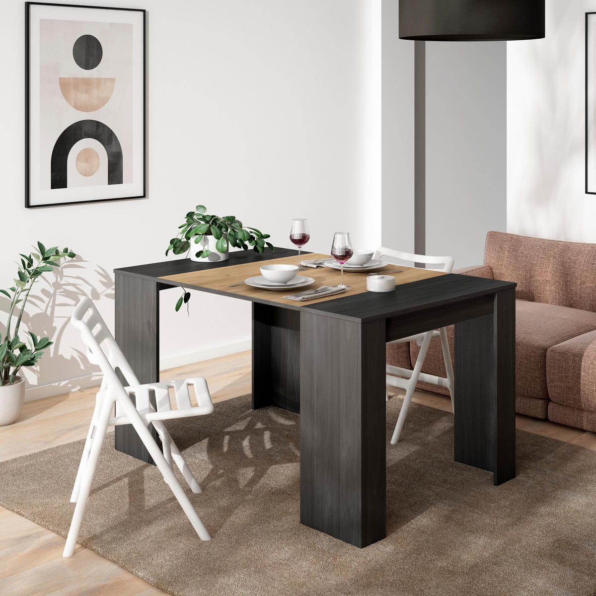 KONSOLENTISCH, ausziehbar bis 140cm , Schwarz Eiche - Schwarz/Naturfarben, Holzwerkstoff (140/140/77cm) - Skraut Home