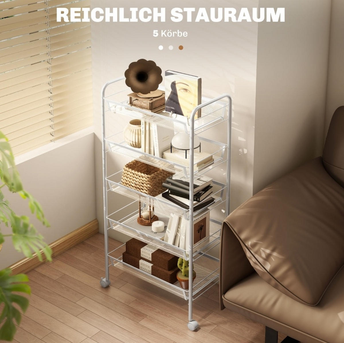 KÜCHENWAGEN mit 5 Drahtkörben 45 x 26,5 x 106 cm Weiß - Weiß, Metall (26.5/106/45cm) - Beauniv