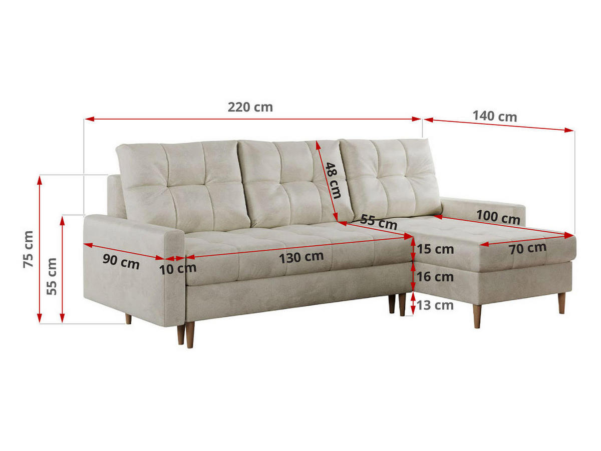 ECKSOFA Colin Velvet Beige - Beige/Braun, Holz/Textil (220/140cm) - MKS