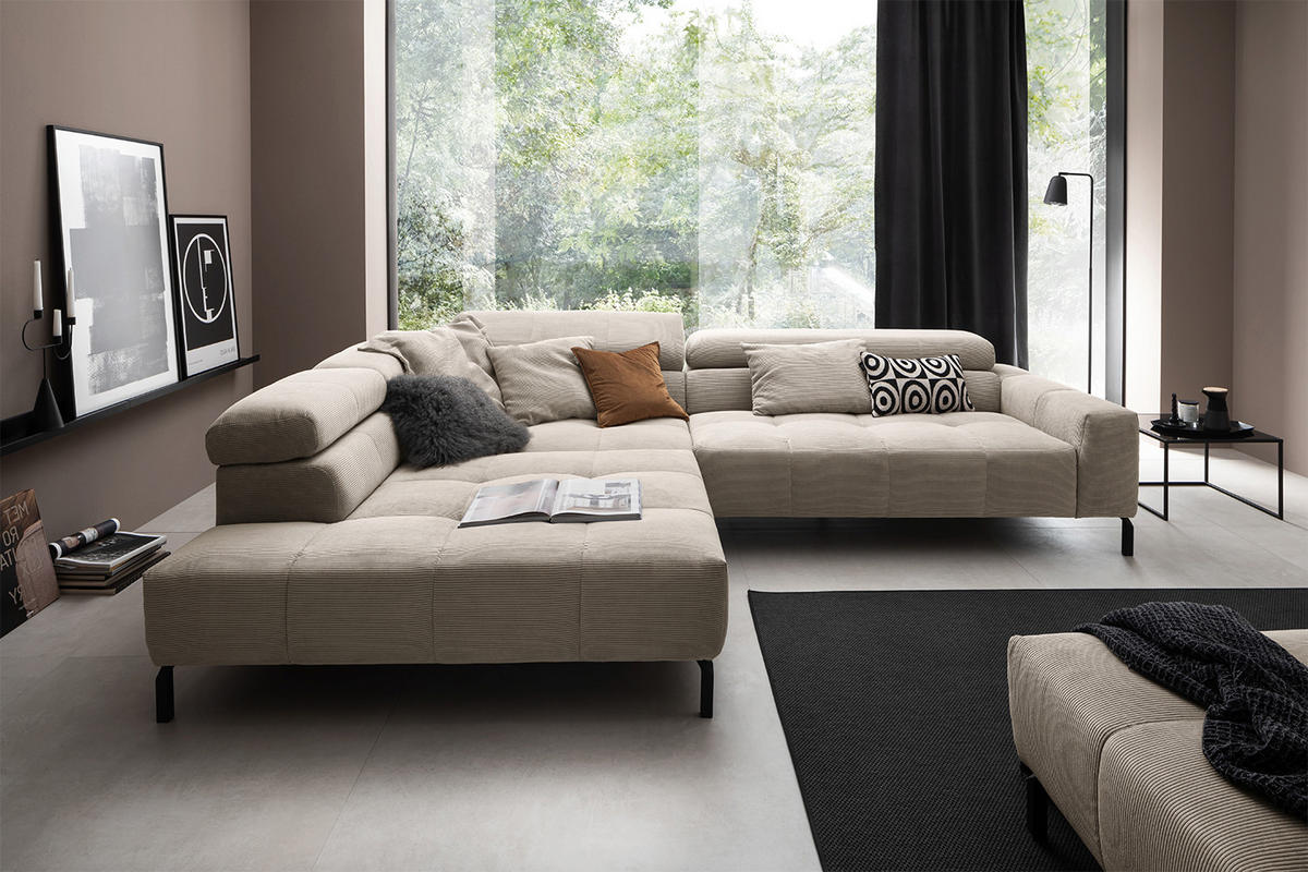 ECKSOFA MIT MOTORISCHEM SITZVORZUG OHIO Beige Cord - Beige/Schwarz, Textil/Metall (311/219cm) - KAWOLA