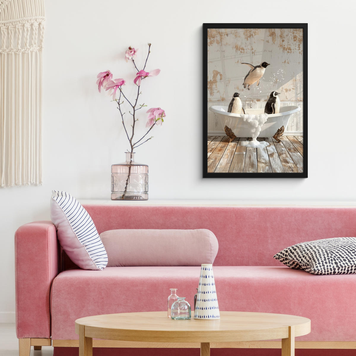 GERAHMTES BILD Vintage - Pinguin - Badewanne - Schaumstoff 40x60 cm - Schwarz, Papier (40/60cm) - MuchoWow