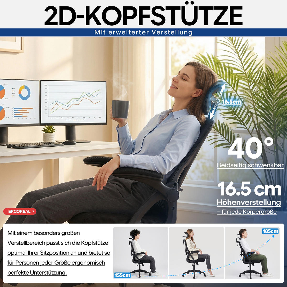 DREHSTUHL Schwarz mit Verstellbare Lendenwirbelstütze und 2D-Kopfstütze - Schwarz, Kunststoff (63/114/68cm) - Oxeza