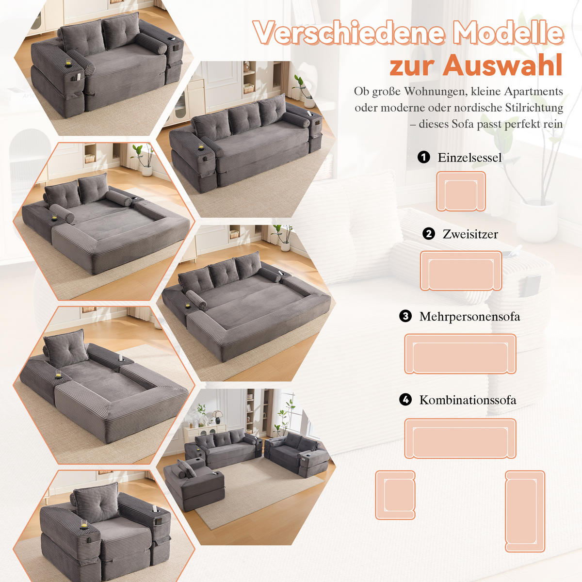 SCHLAFSOFA mit Klappfunktion, Memory-Kissen und Getränkehalter aus Cord - Dunkelgrau, Textil (180/80/98cm) - EVRYAE