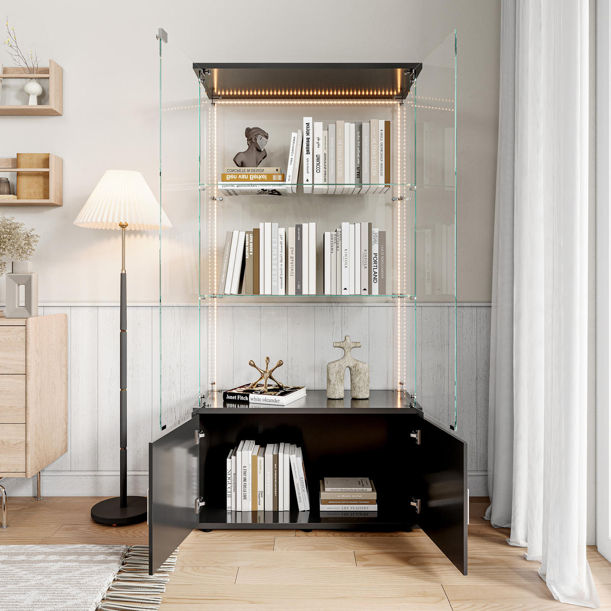 GLASVITRINE 164x78,5x35 cm 4 Türen 6 Einlegeböden LED schwarz - Schwarz, Holz (78.5/164/35cm) - LEBENLANG