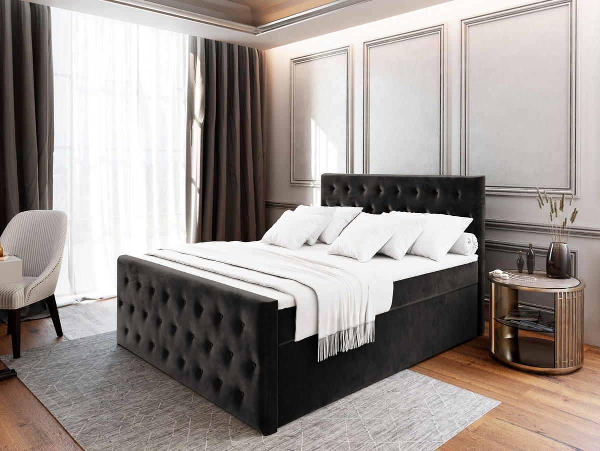 BOXBETT FONDI 140x200 cm mit Matratze und Topper - Schwarz - Schwarz, Holz (140/200cm) - MASSENO