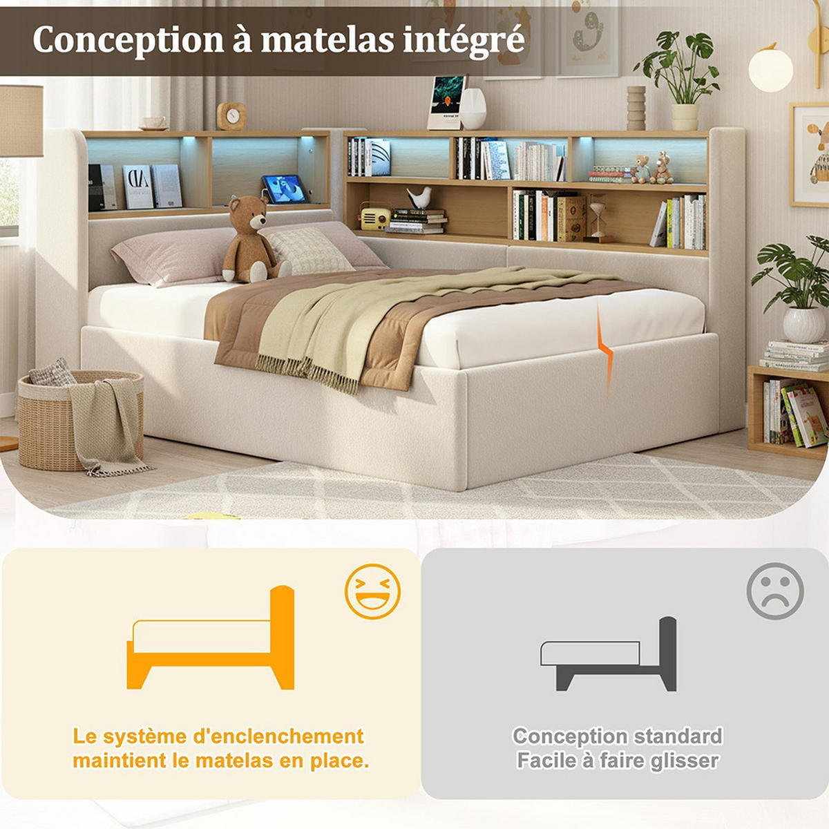 POLSTERBETT 90×200cm mit LED in Beige - Beige, Textil (90/200cm) - KOMHTOM
