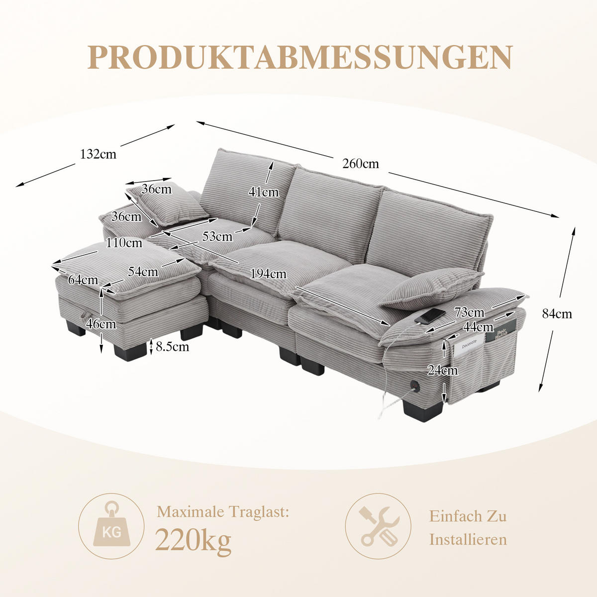 3-SITZER SOFA Cord Hellgrau mit USB-C, Seitentaschen und Hocker - Hellgrau, Holzwerkstoff/Kunststoff (260/132cm) - WISHDOR