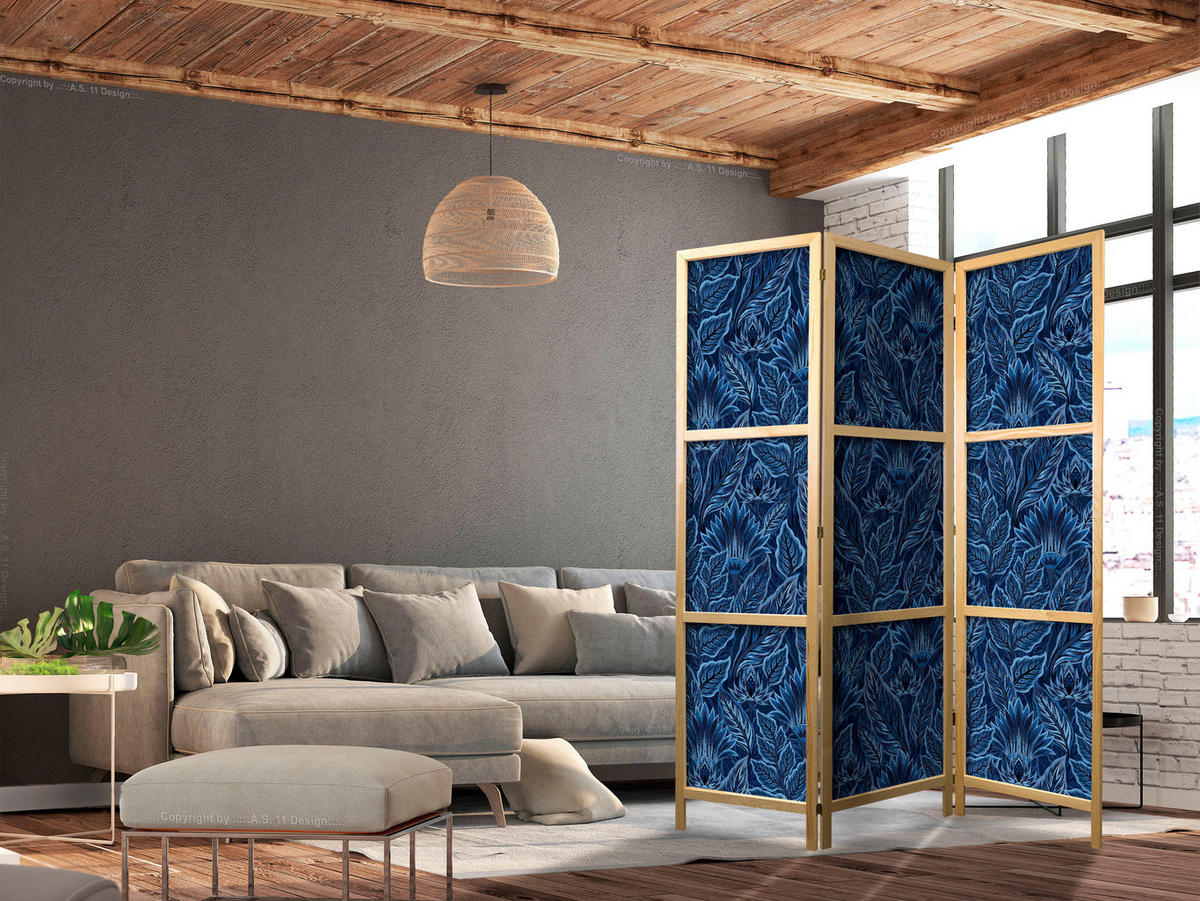 PARAVENT Japanischer 3-tlg 135x172 cm Blaue Bl tter - Blau, Holz/Textil (135/172/3cm) - Muralo