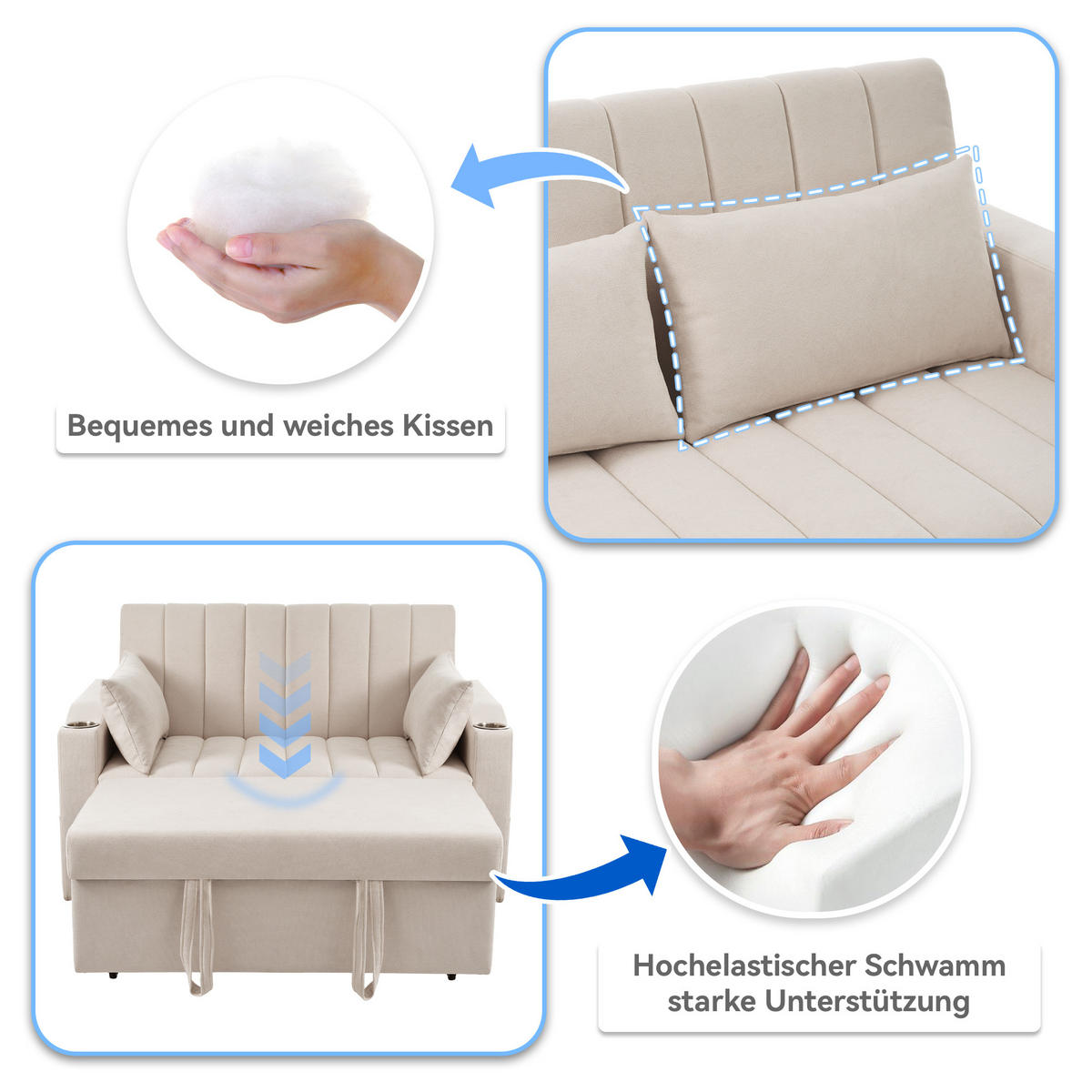 SCHLAFSOFA Baumwollstoff mit 3-fach verstellbarer Rückenlehne Beige 136/162/84 cm - Beige, Textil (84/136/162cm) - Redom