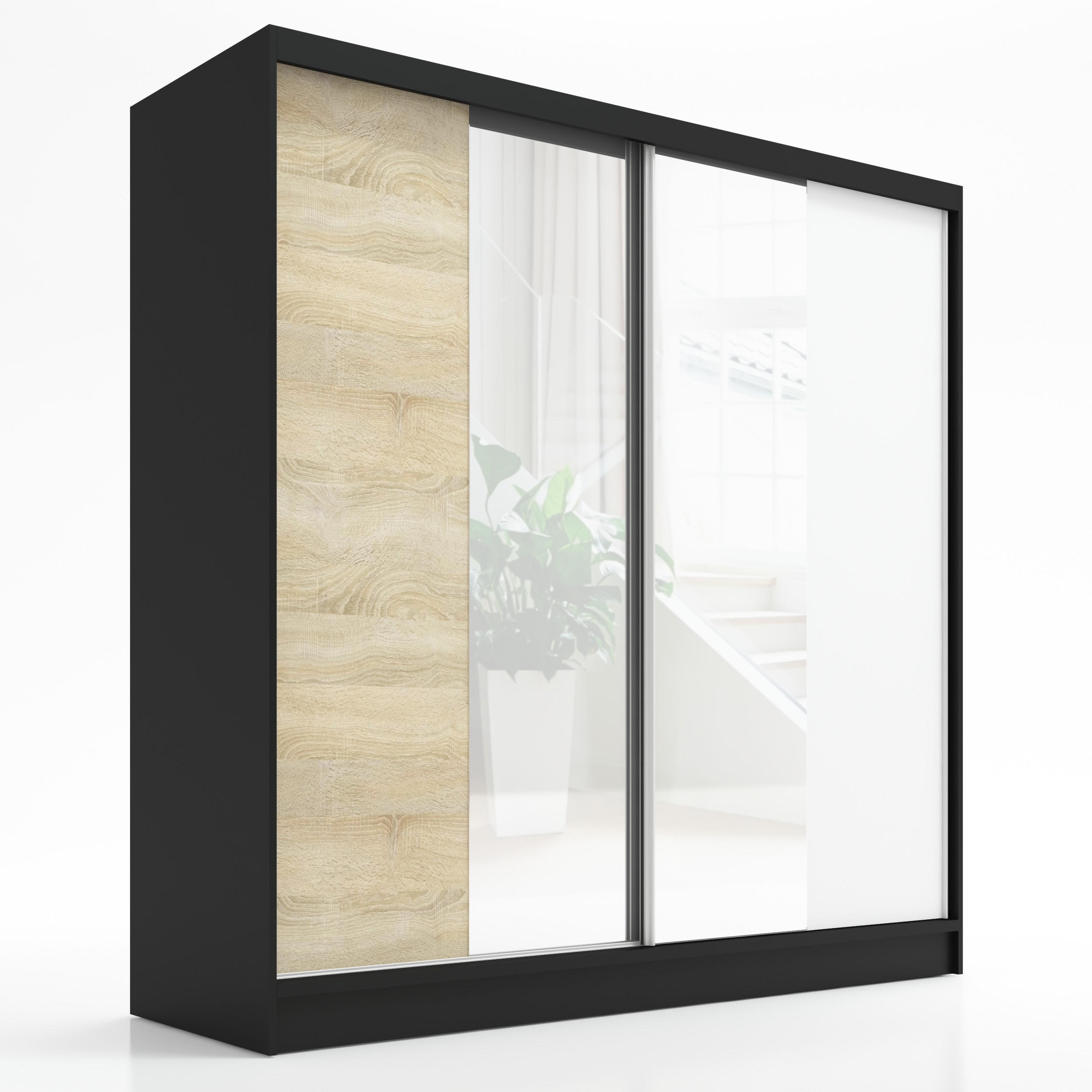 A&J MöbelLand Schwebetürenschrank Schwarz, Braun, Weiß 200x215x60 cm
