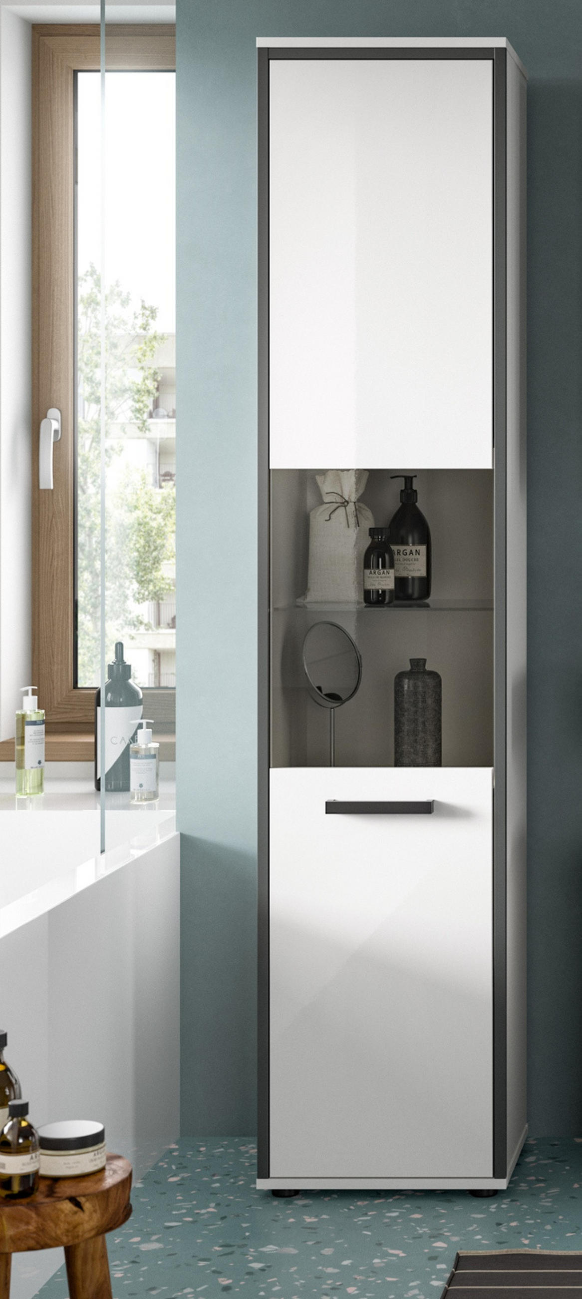 HOCHSCHRANK weiß Hochglanz, grau 40 cm, Badschrank, Türanschlag wechselbar - Weiß Hochglanz/Schwarz, Glas/Holzwerkstoff (40/188/34cm) - Inn.Furn