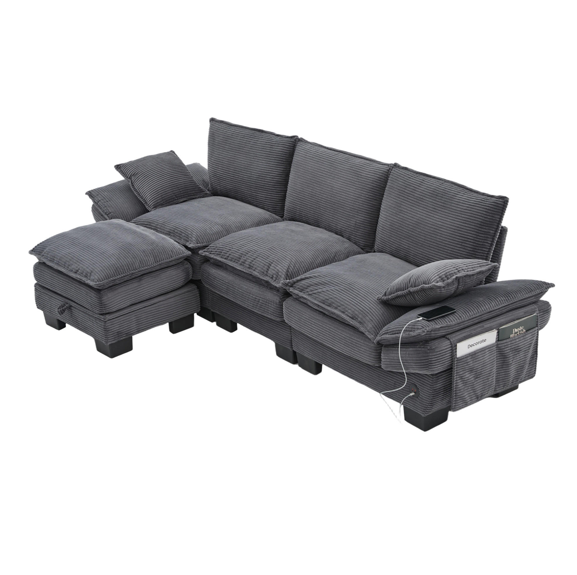 ECKSOFA 260/132/84 cm dunkelgrau aus Cord mit Hocker und USB-C - Dunkelgrau, Textil (132/260cm) - OKWISH