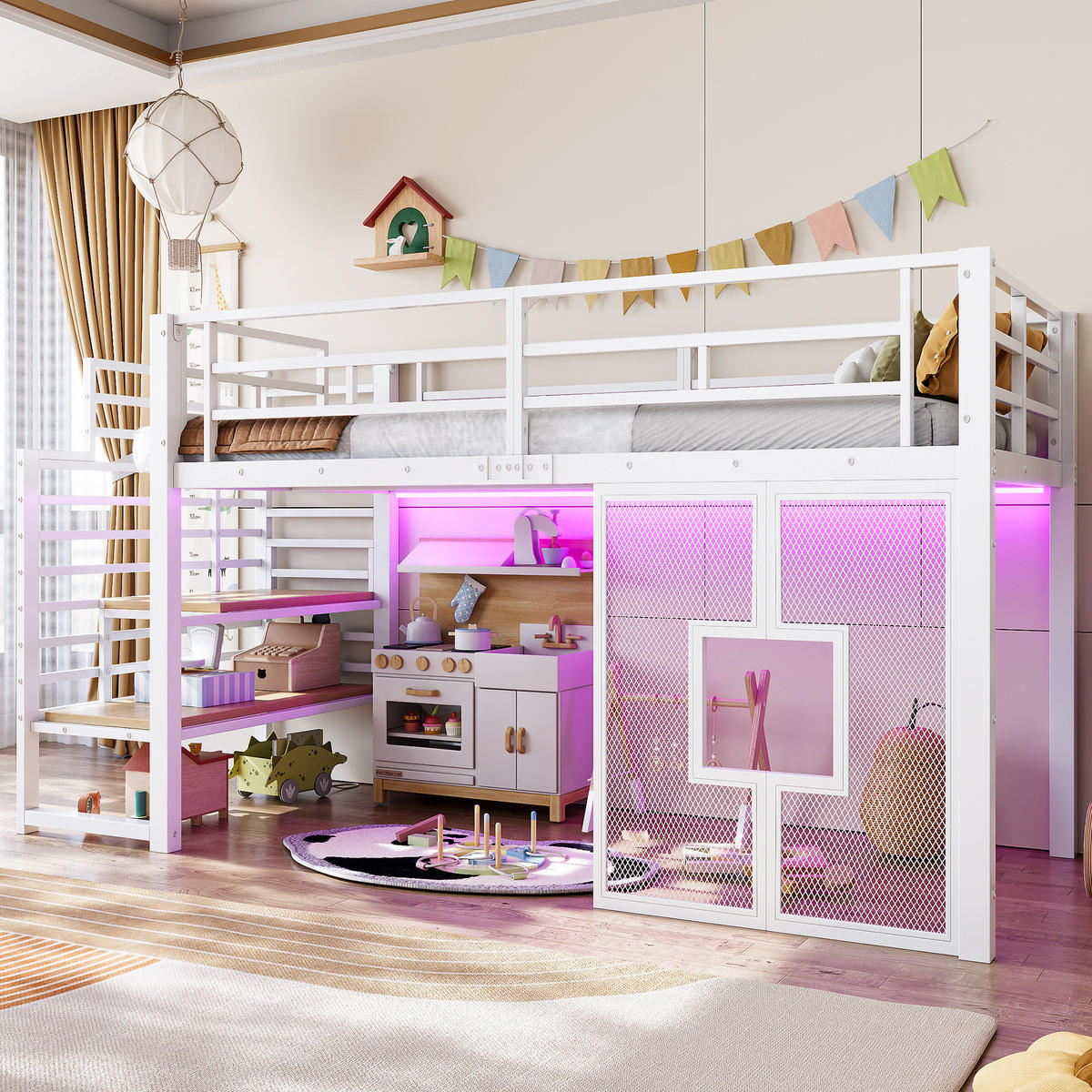 HOCHBETT 90/200 cm in Weiß mit Treppe, Stauraum und LED - Weiß, Metall (90/200cm) - WISHDOR