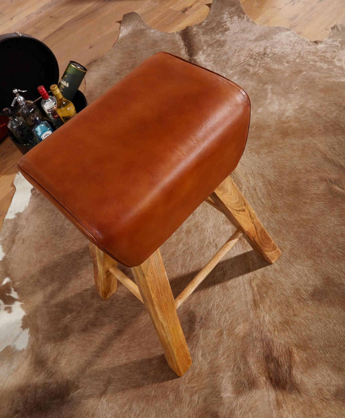 BARHOCKER – Ziegenleder und Mango Massivholz, Turnbock-Design, 43x75x43 cm, Dunkelbraun - Braun, Mangoholz/Leder (43/75/43cm) - KADIMA DESIGN