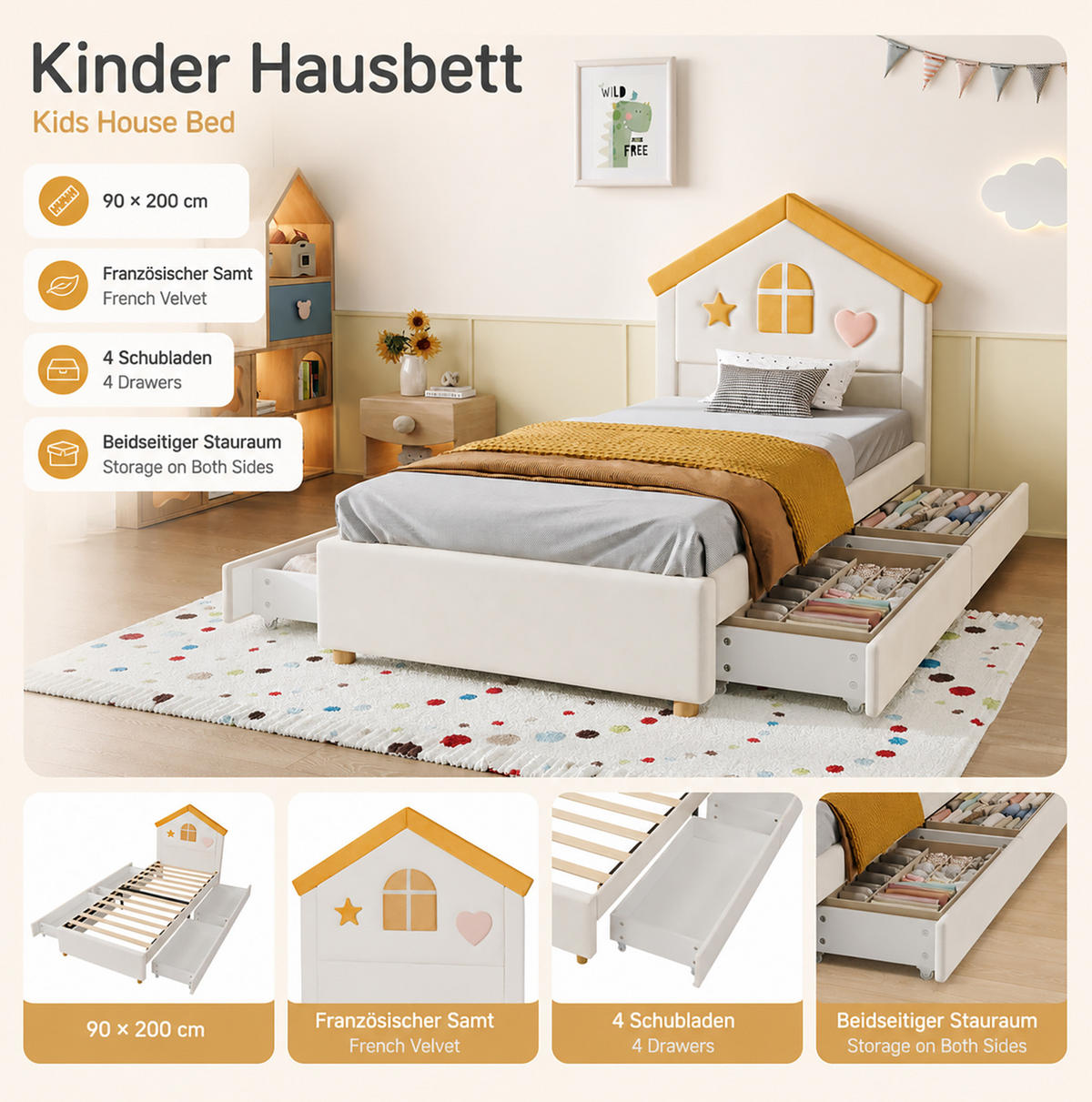 POLSTERBETT 90/200 cm in Beige mit 4 Schubladen und Haus-Kopfteil aus Samt - Beige, Textil (90/200cm) - Flora Grace