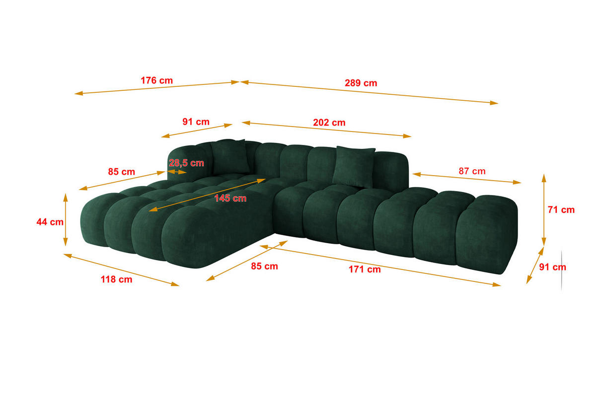 ECKSOFA Ottomane Links OLEA-L2 - 289x176x71 cm Dunkelgrün - Dunkelgrün/Schwarz, Holzwerkstoff/Kunststoff (289/176cm) - ALTDECOR