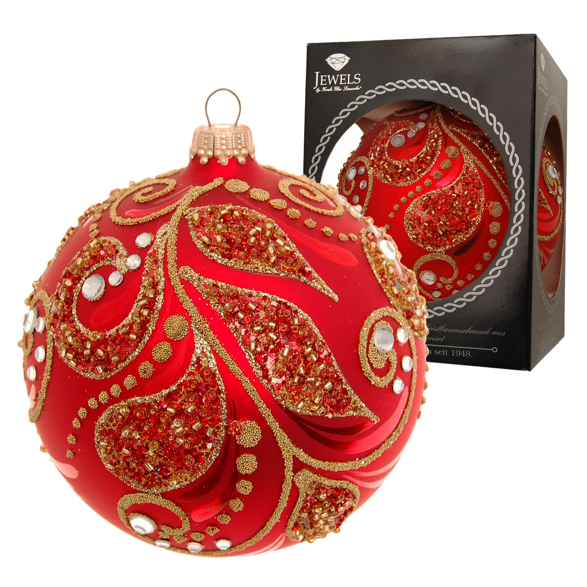 CHRISTBAUMKUGEL Gloria Blätter Strassdesign Rot 10cm (Glas / 1 Stk.) - Rot, Glas (10/10/10cm) - Krebs Glas Lauscha