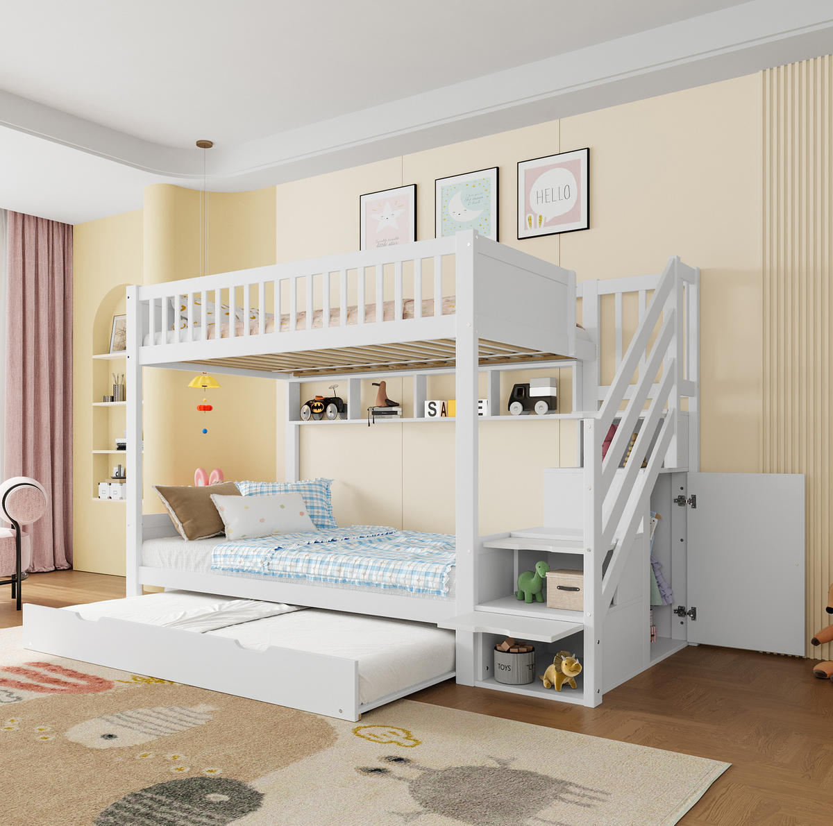 ETAGENBETT 90/200 cm Weiß mit Ausziehbett und Kleiderschrank - Weiß, Holz (90/200cm) - Flora Grace