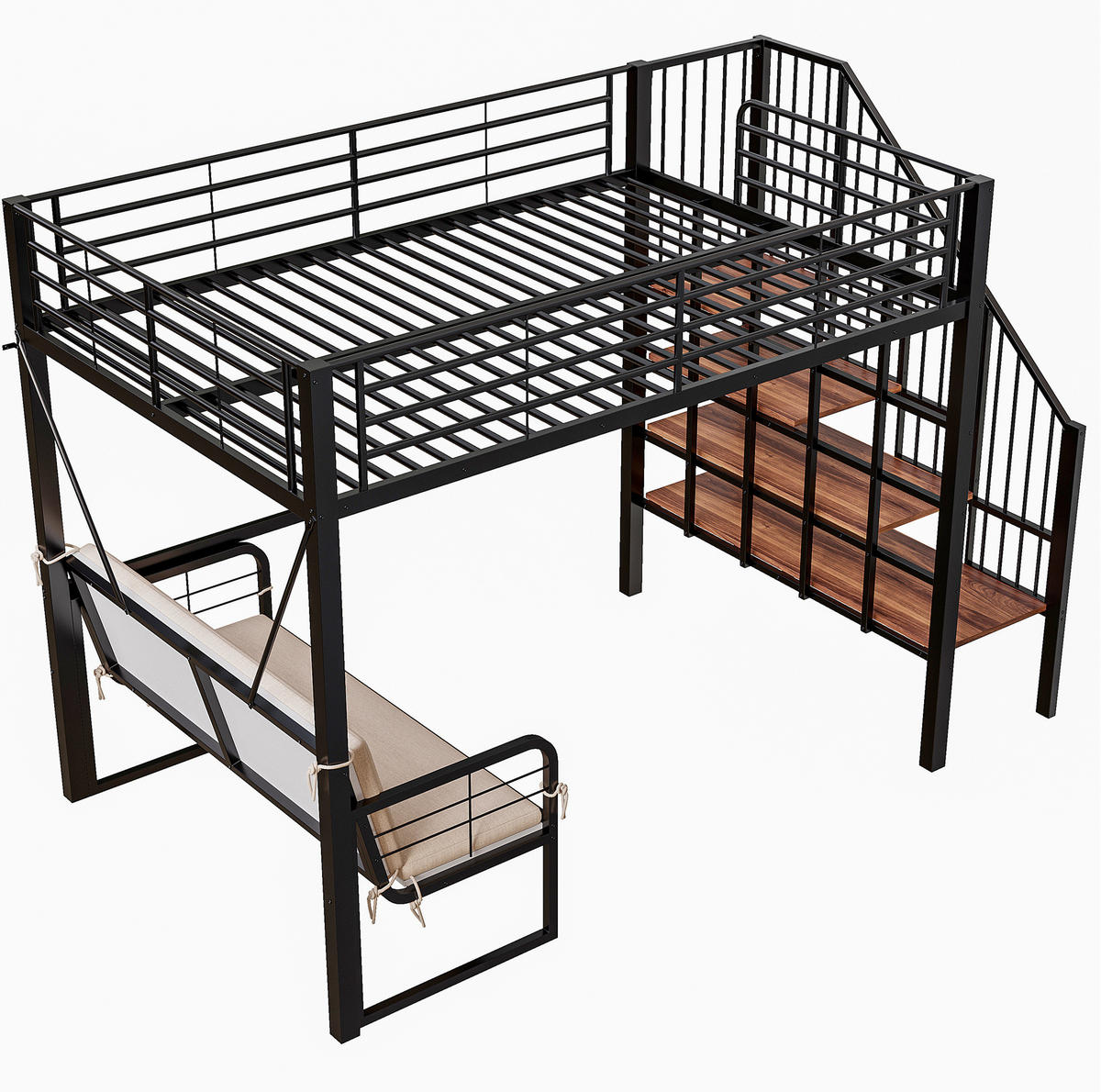 HOCHBETT 140/200 cm aus Metall mit Polstersofa und Stauraumleiter, Schwarz - Schwarz, Metall (140/200cm) - OKMYHOME