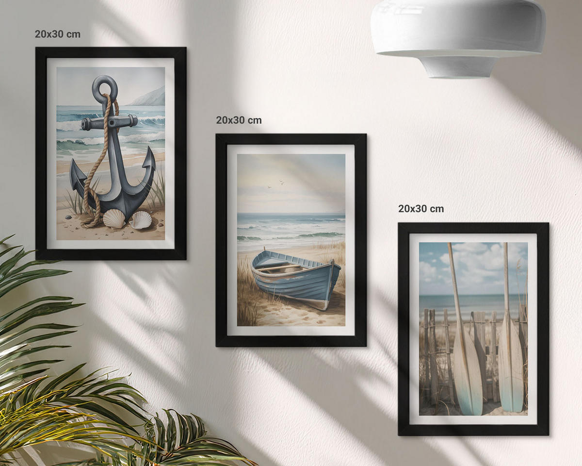 BILDER SET 3er Set - 20x30 cm Schwarzer Rahmen - Anker, Boot, Ruder, Strand - Schwarz, Kunststoff (20/30cm) - TULUP