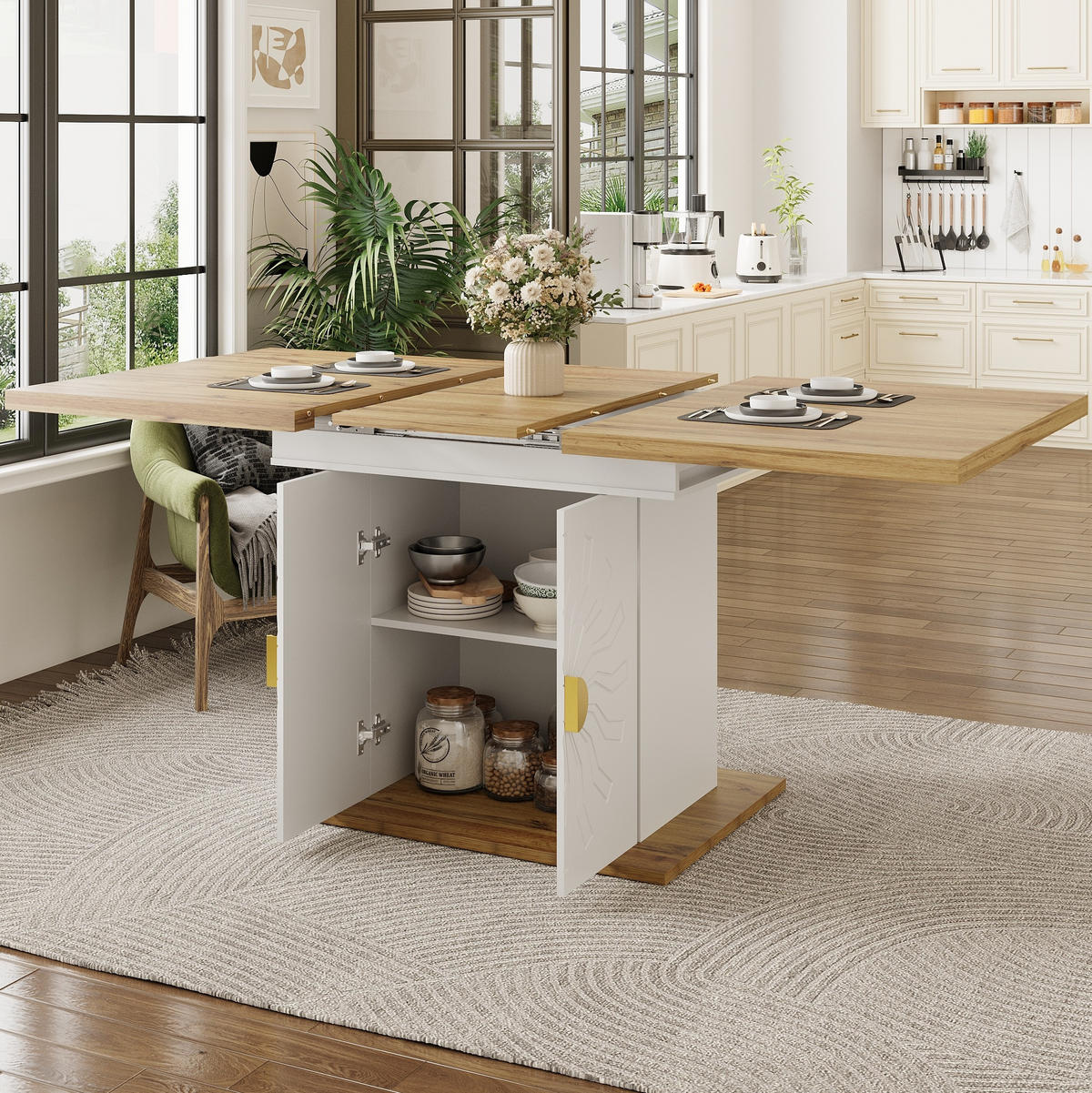 ESSTISCH aus MDF 110(140)x70x76 cm Weiß mit Ausziehfunktion und 2 Ablageböden - Weiß, Holzwerkstoff (110/70/76.5cm) - Modfu