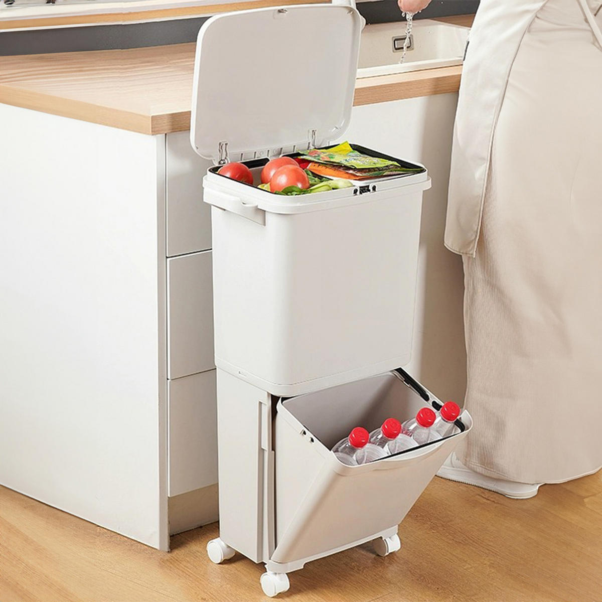 MÜLLEIMER 38L Mülltrennung 2-Stufig Rollen Kunststoff Weiß - Weiß, Kunststoff (42/73/28.2cm) - Livingandhome