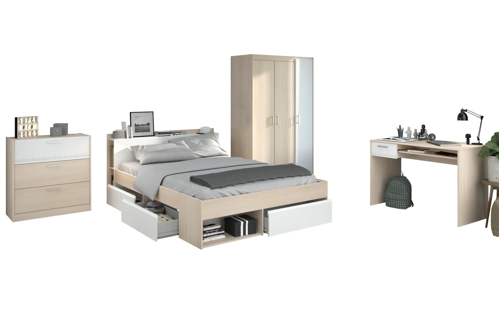 JUGENDZIMMER Set Kleiderschrank Kommode Schreibtisch Bett 140 cm - Silberfarben/Weiß, Holz/Holzwerkstoff (140/179/200cm) - Parisot Meuble