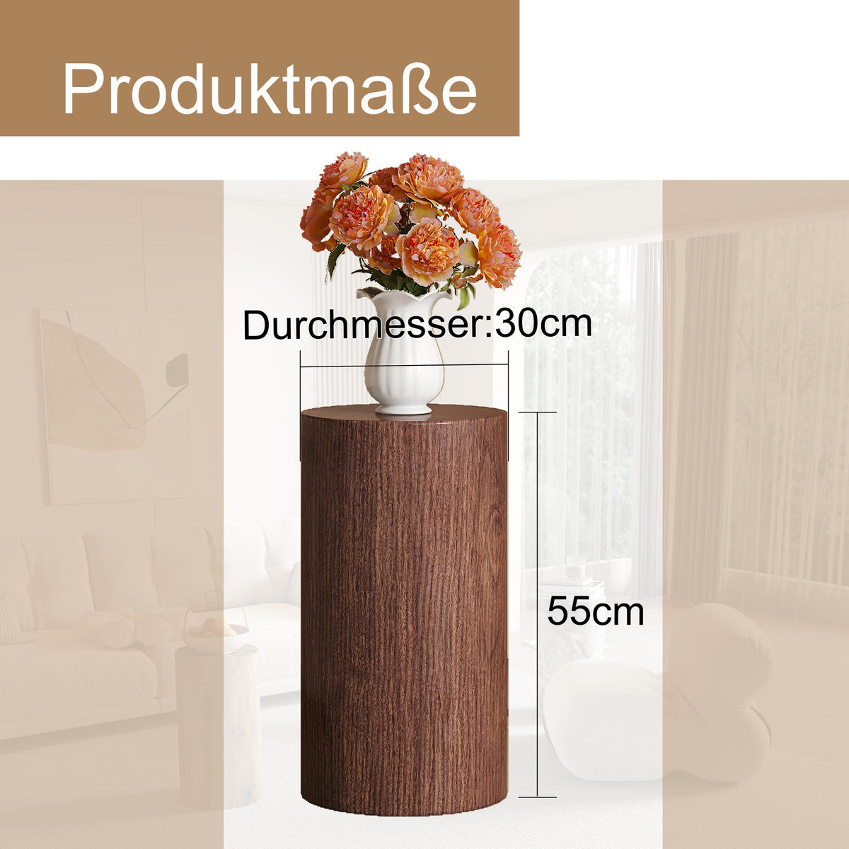 BEISTELLTISCH rund 30/30/55 cm Nussbaum MDF mit wasserabweisender Tischplatte - Walnussfarben, Holzwerkstoff (30/30/55cm) - OKWISH