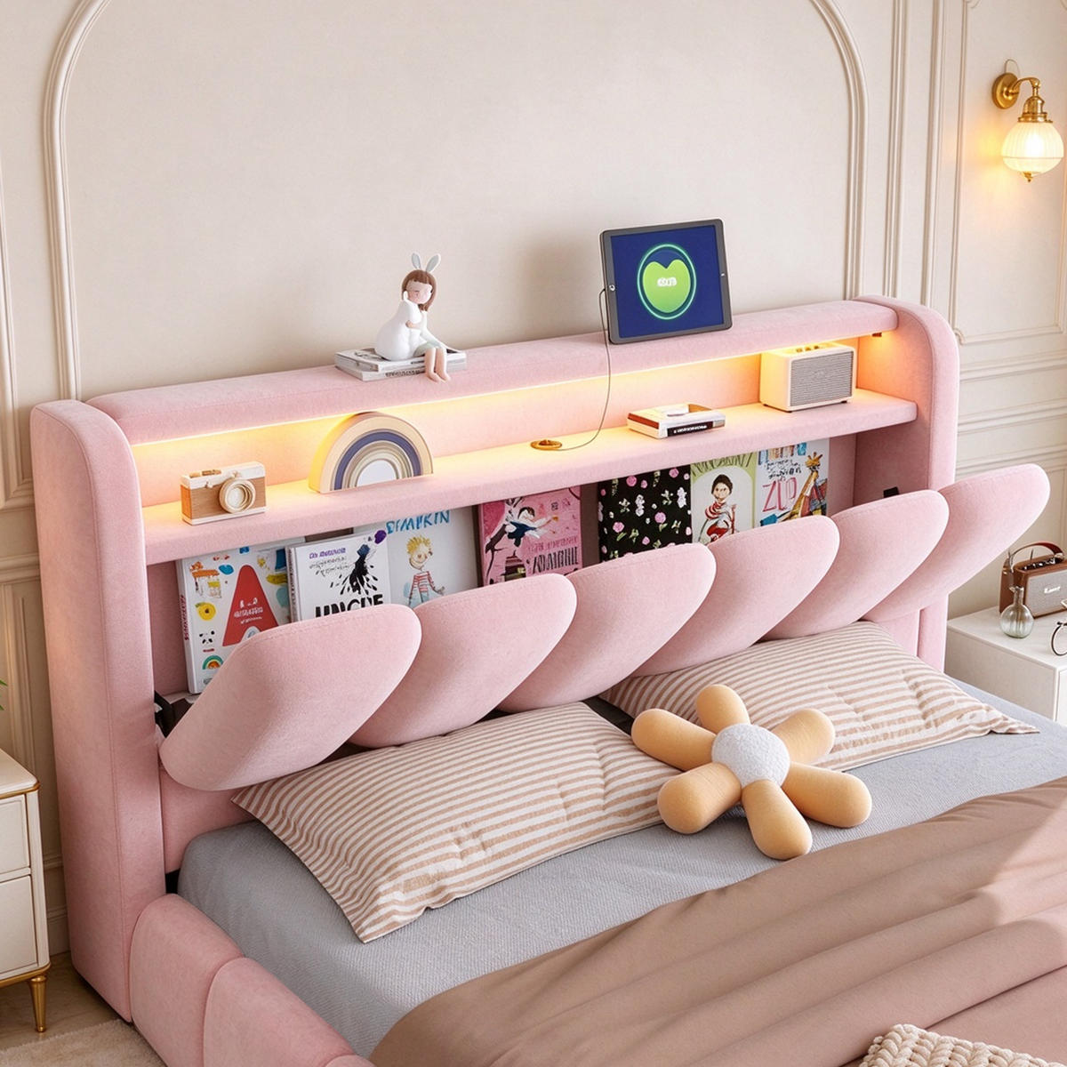 POLSTERBETT 180/200 mit LED/USB, Kopfteil Stauraum, Samt, Rosa - Rosa, Holz (180/200cm) - LVHOM