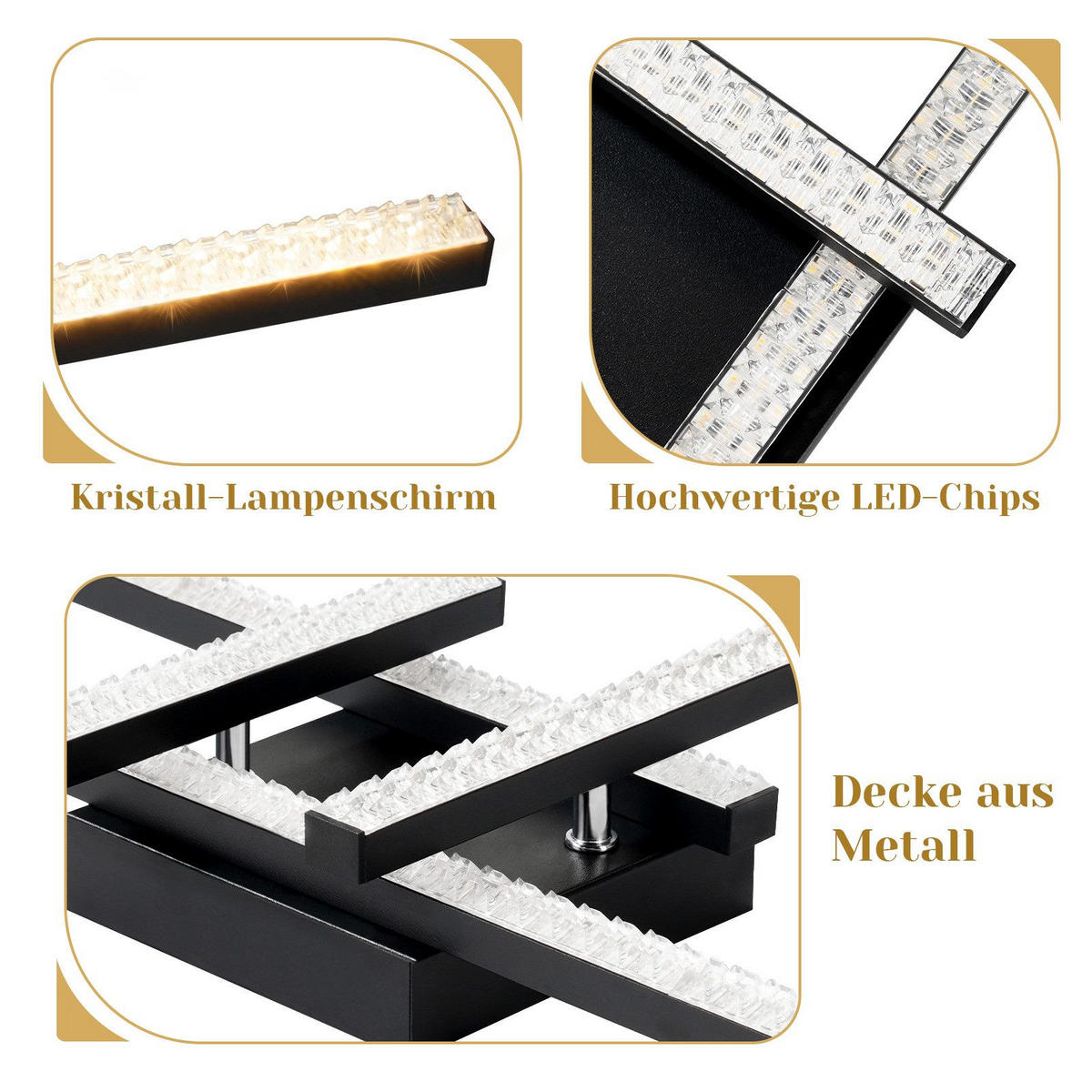 DECKENLEUCHTE LED 4 Flammig 20W Schlafzimmerlampe Kristall Warmweiß 56.7CM - Schwarz, Kunststoff (45.5/45.5/7.3cm) - ZMH
