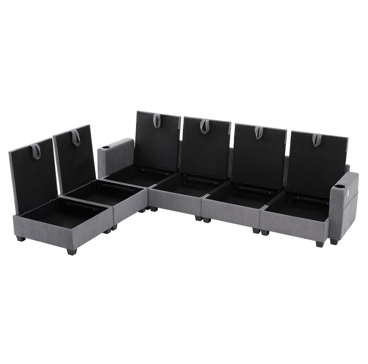 MODULÁRNÍ rohová pohovka 280/151/82 cm s USB, úložným prostorem a 2 taburety, manšestr, Šedá - šedá, textil/plast (82/280/151cm) - Redom