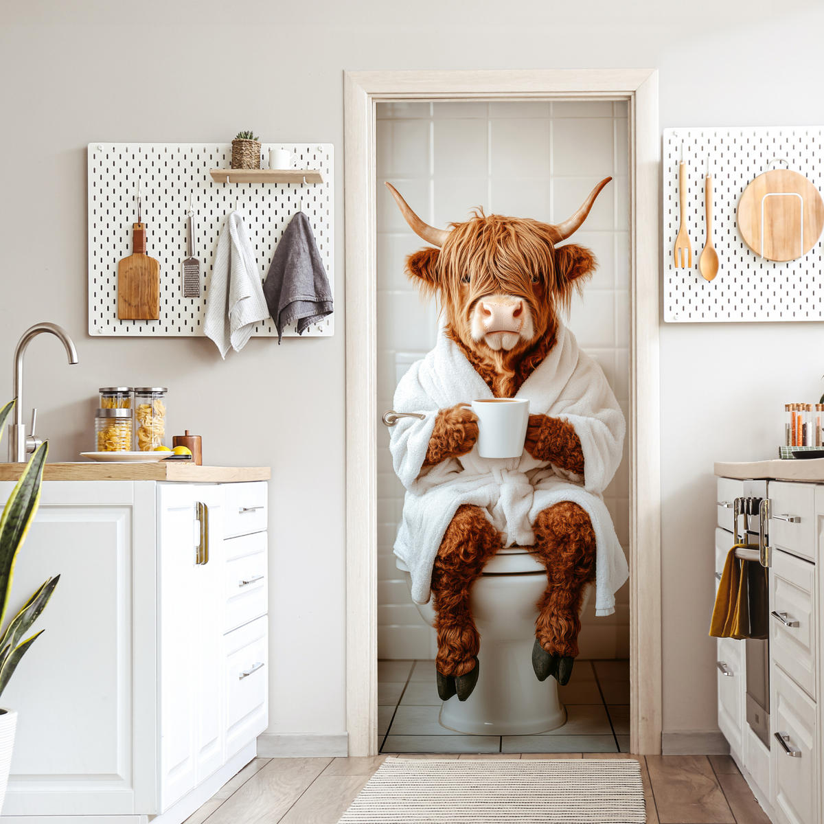 FOTOTAPETE Tür - Schottisches Hochlandrind - WC - Bademantel - Modern - Tiere 90x205 cm - Kastanienfarben, Kunststoff (90/0.1cm) - MuchoWow