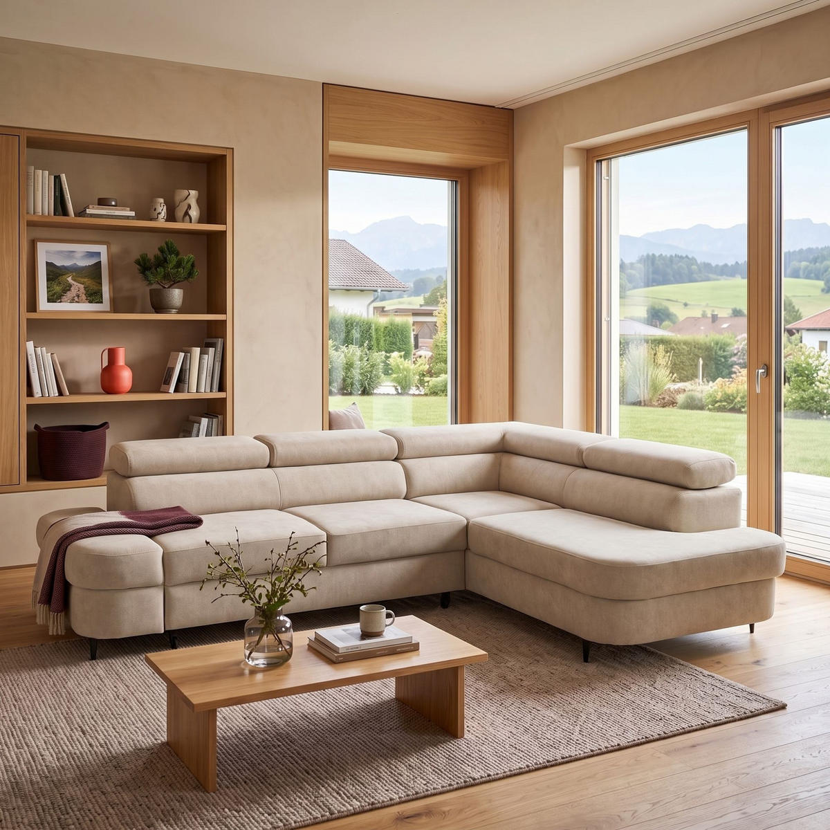 ECKSOFA PRIAM L Rechts mit Schlaffunktion 125x195 Velours Beige - Beige/Schwarz, Holz/Textil (203/275cm) - Muffo