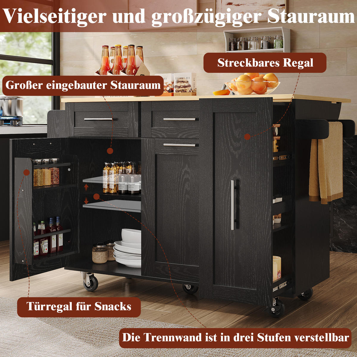 KÜCHENWAGEN 110x74x90.5cm Schwarz mit Schränken & fixierbaren Rollen - Schwarz, Holzwerkstoff (110/90.5/74cm) - Modfu