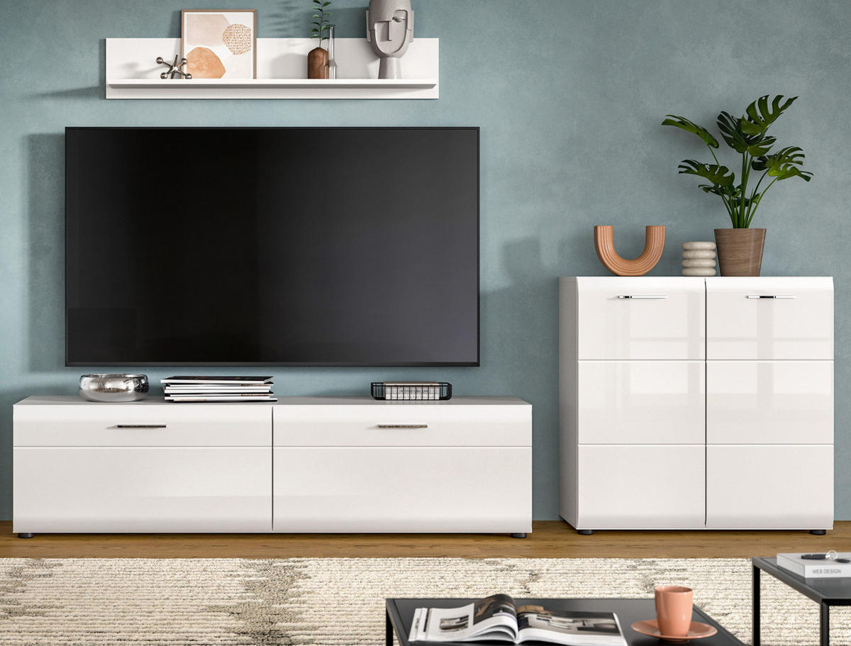 WOHNWAND weiß Hochglanz 3-teilig 255 cm, Schrankwand modernes Design - Weiß Hochglanz/Silberfarben, Glas/Holzwerkstoff (255/160/41cm) - Inn.Furn