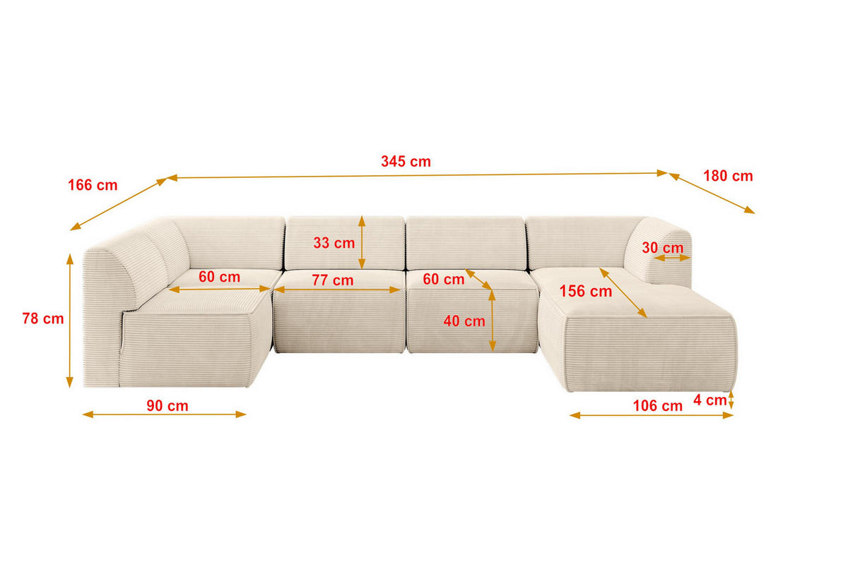 WOHNLANDSCHAFT Ottomane Rechts MOVA 345x180x78 Beige Cord - Kaschmir/Beige, Holzwerkstoff/Kunststoff (345/78/180cm) - ALTDECOR