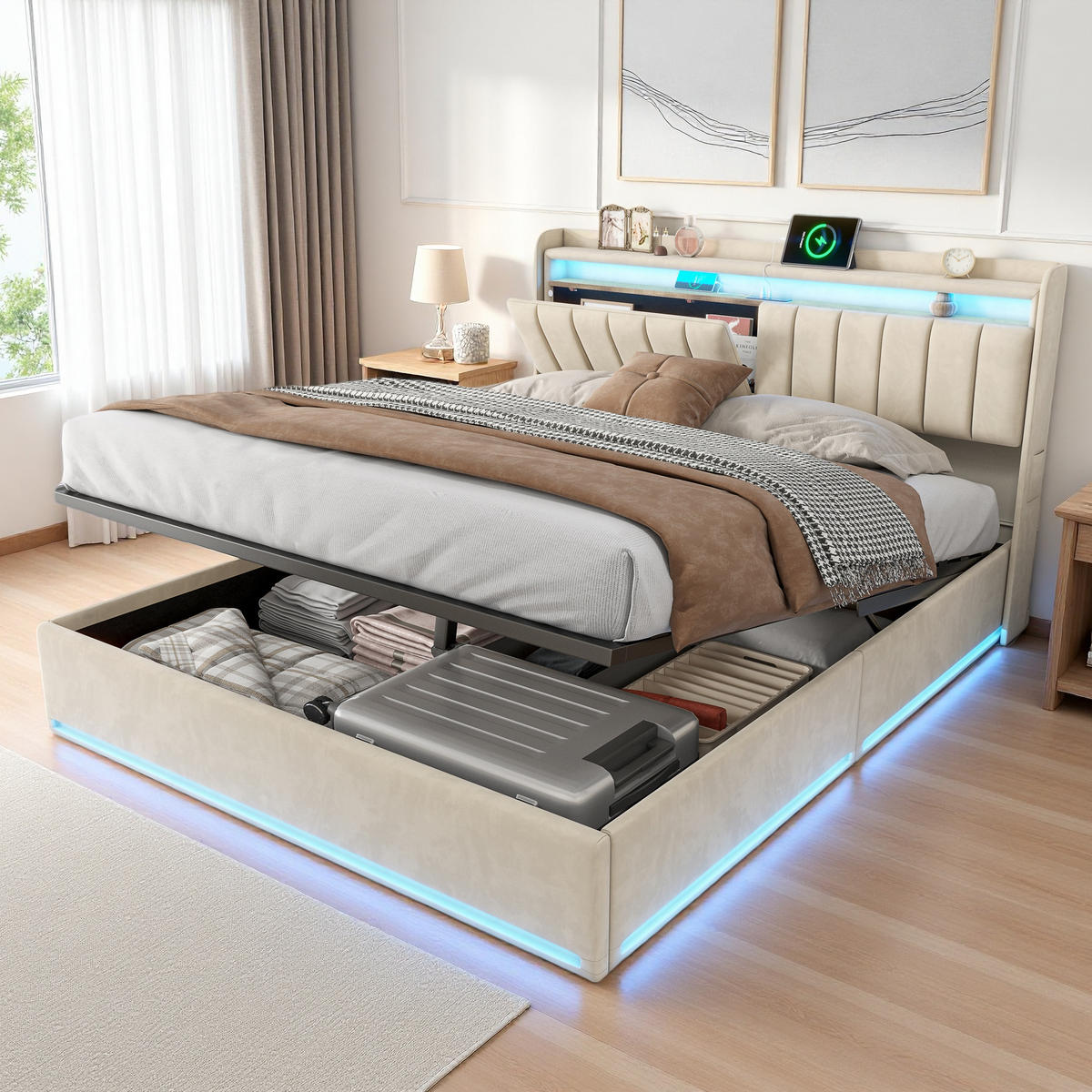 POLSTERBETT 160x200 cm LED Stauraum Lattenrost Kopfteil beige - Beige, Holz (160/200cm) - LEBENLANG