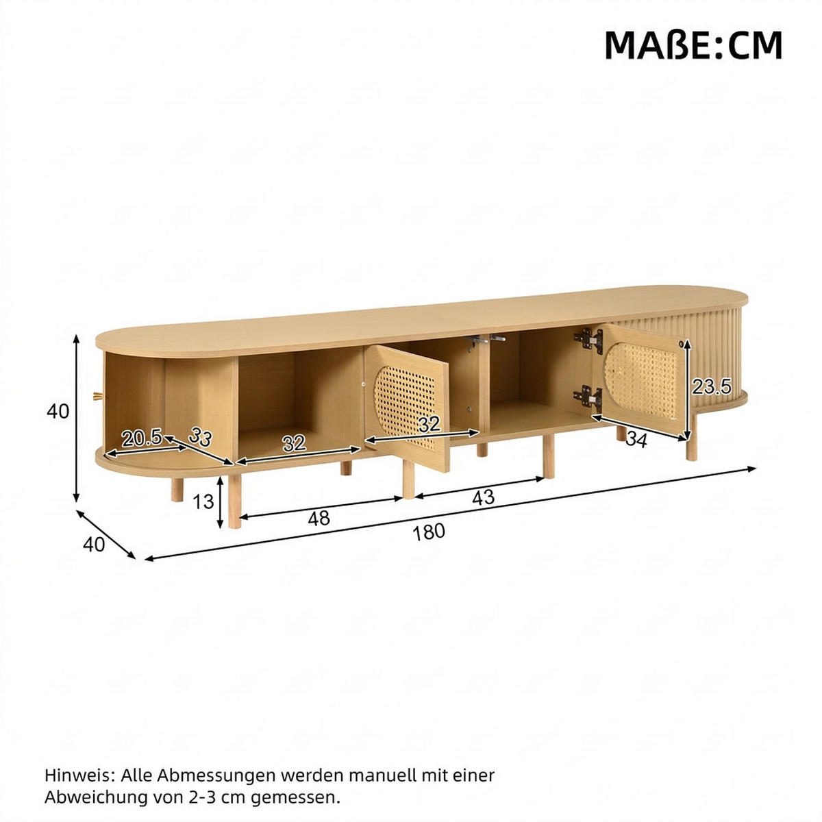 TV-SCHRANK 180/40/40 cm Helles Holz mit Rattan-Design und 4 Türen - Naturfarben, Holzwerkstoff (180/40/40cm) - Oxeza