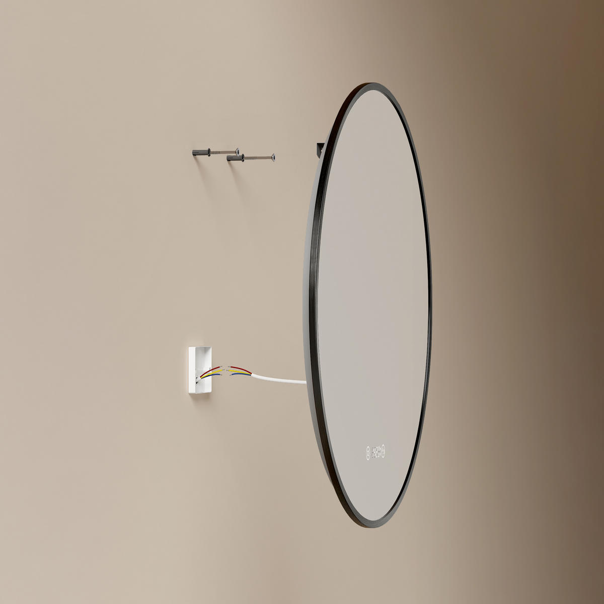 BADSPIEGEL mit LED-Beleuchtung Anti-Beschlag Zeitanzeige Schwarz Ø 80 cm - Schwarz, Glas (80/80/3cm) - EMKE