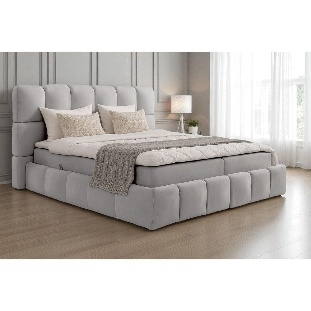 BOXBETT Anna mit Bonnelmatratze und Topper, 180x200, Hellgrau, Terra-Stoff - Hellgrau, Holzwerkstoff/Kunststoff (180/200cm) - AN-Moebel 4u