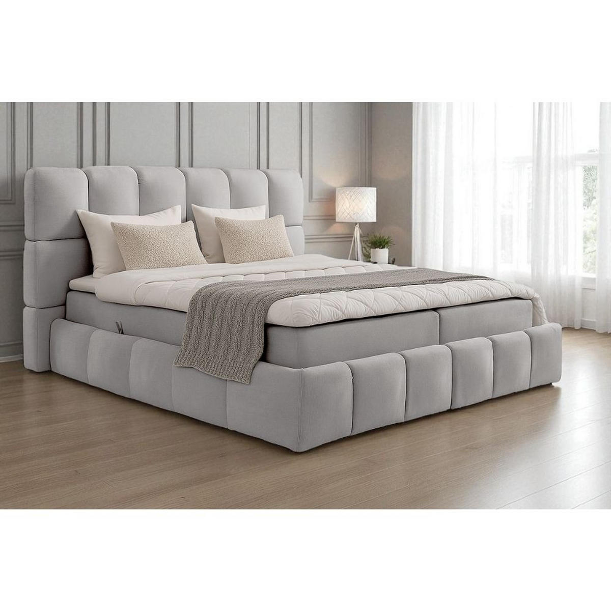 BOXBETT Anna mit Bonnelmatratze und Topper, 160x200, Hellgrau, Terra-Stoff - Hellgrau, Holzwerkstoff/Kunststoff (160/200cm) - AN-Moebel 4u