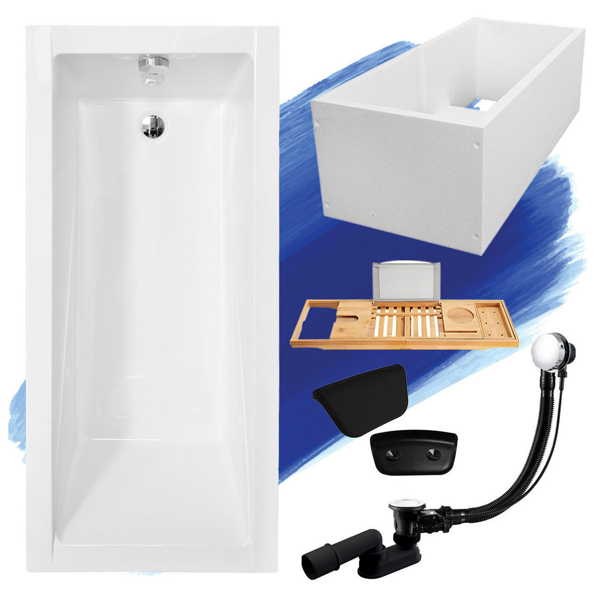BADEWANNE Rechteck MODERN 150/70 + Träger + Ablage + Kopfstütze Ablauf Füße - Weiß, Kunststoff (70/53.5/150cm) - bad land