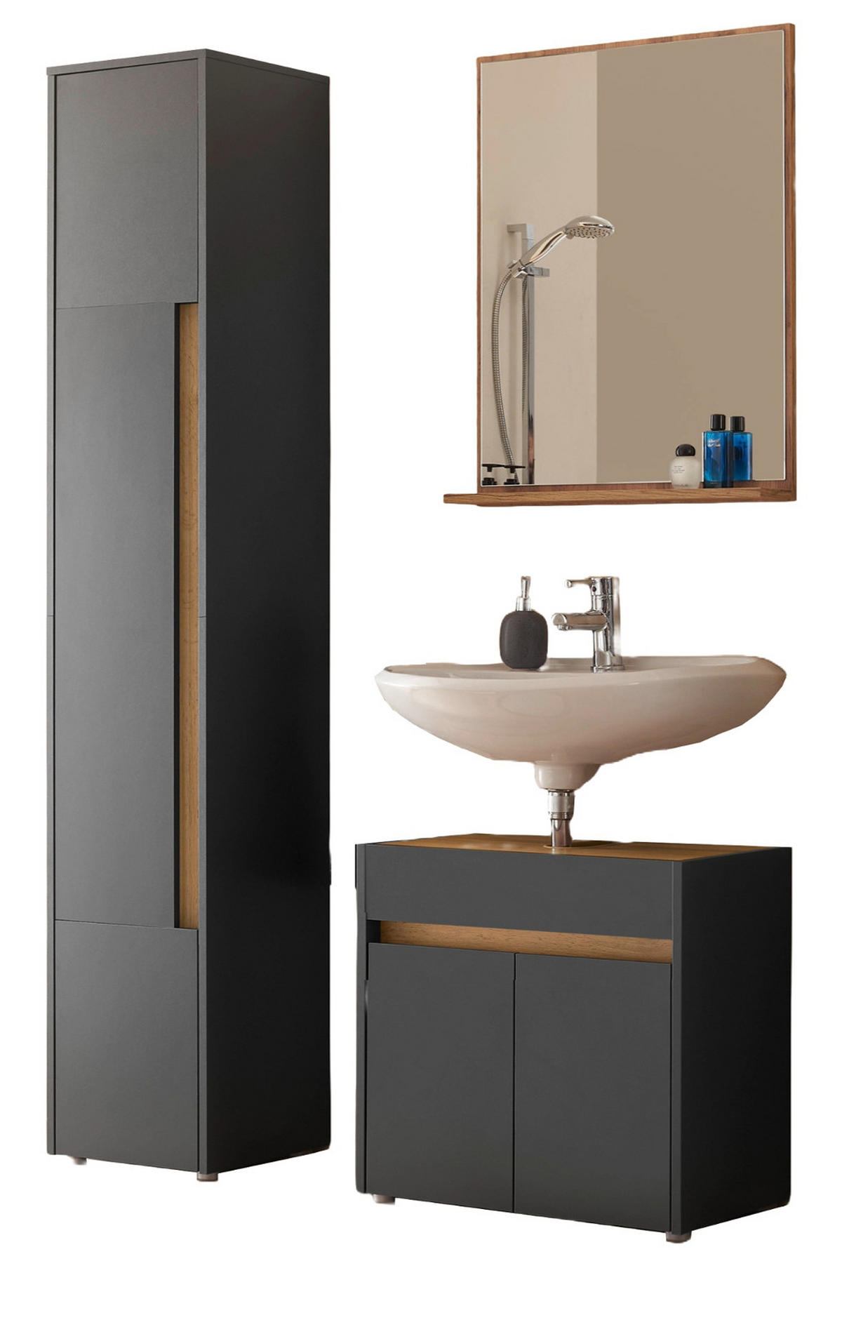 BADMÖBEL-SET 3-teilig grau matt, Wotan Eiche, Badkombination 114 cm - Eiche Wotan/Schwarz, Glas/Holzwerkstoff (116/200/34cm) - Furn.Design