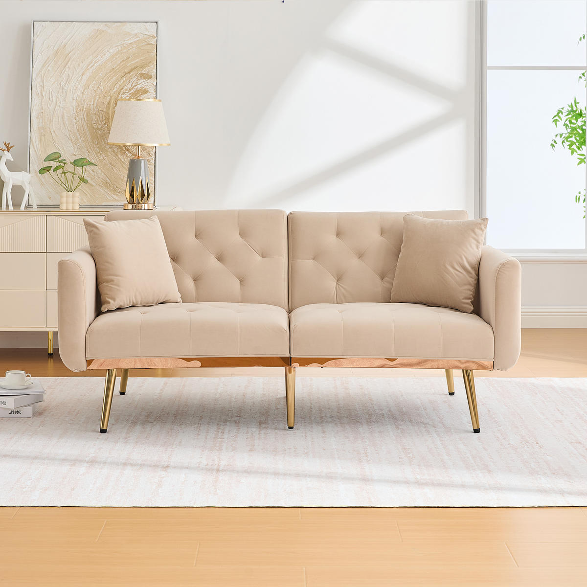 SCHLAFSOFA Samt mit verstellbarer Rückenlehne Beige 165/72,5/75 cm - Beige, Textil (72.5/75/165cm)