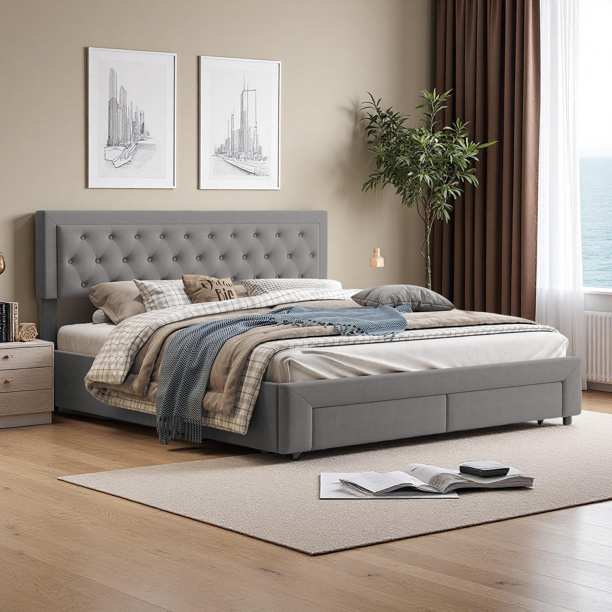 POLSTERBETT 180x200 cm Stauraum 2 Schubladen Lattenrost Samt grau - Grau, Holz (180/200cm) - LEBENLANG