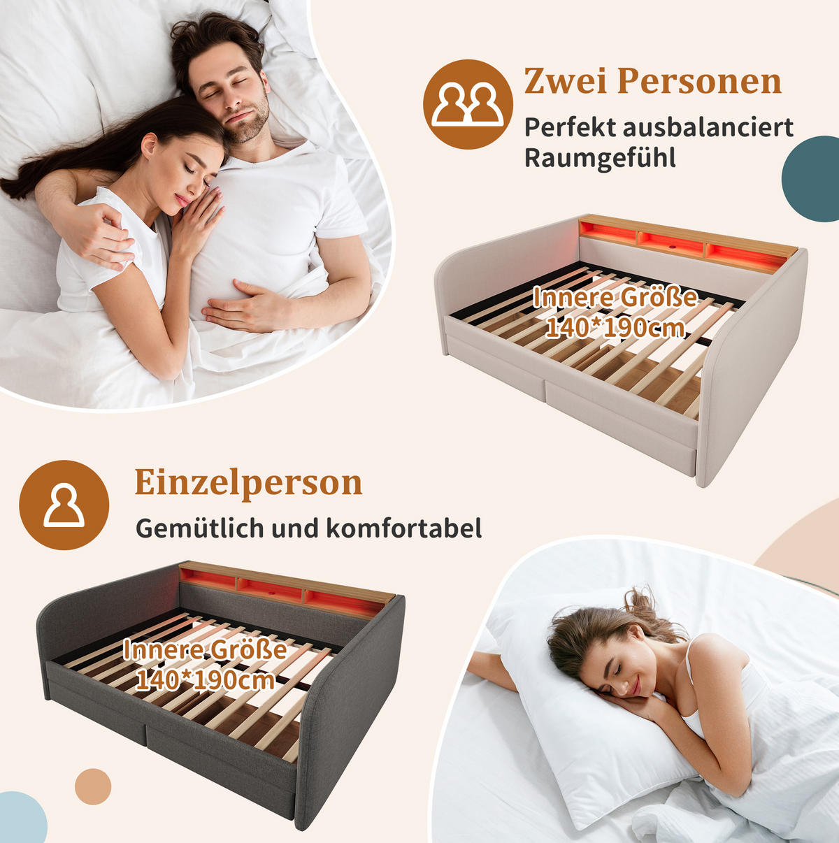 TAPECIRANI krevet 140/190 cm s LED osvjetljenjem, USB i Type-C priključcima te 2 ladice, Svijetlobež - bež, tekstil (140/190cm) - Redom