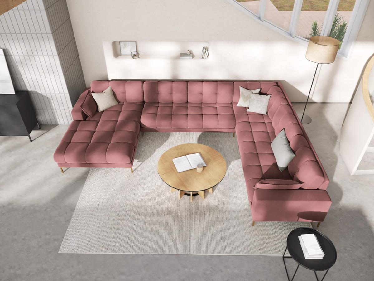 PANORAMASOFA rechts Mamaia aus Samt rosa 7 Sitzplätze - Pink, Textil (256/75/327cm) - Micadoni