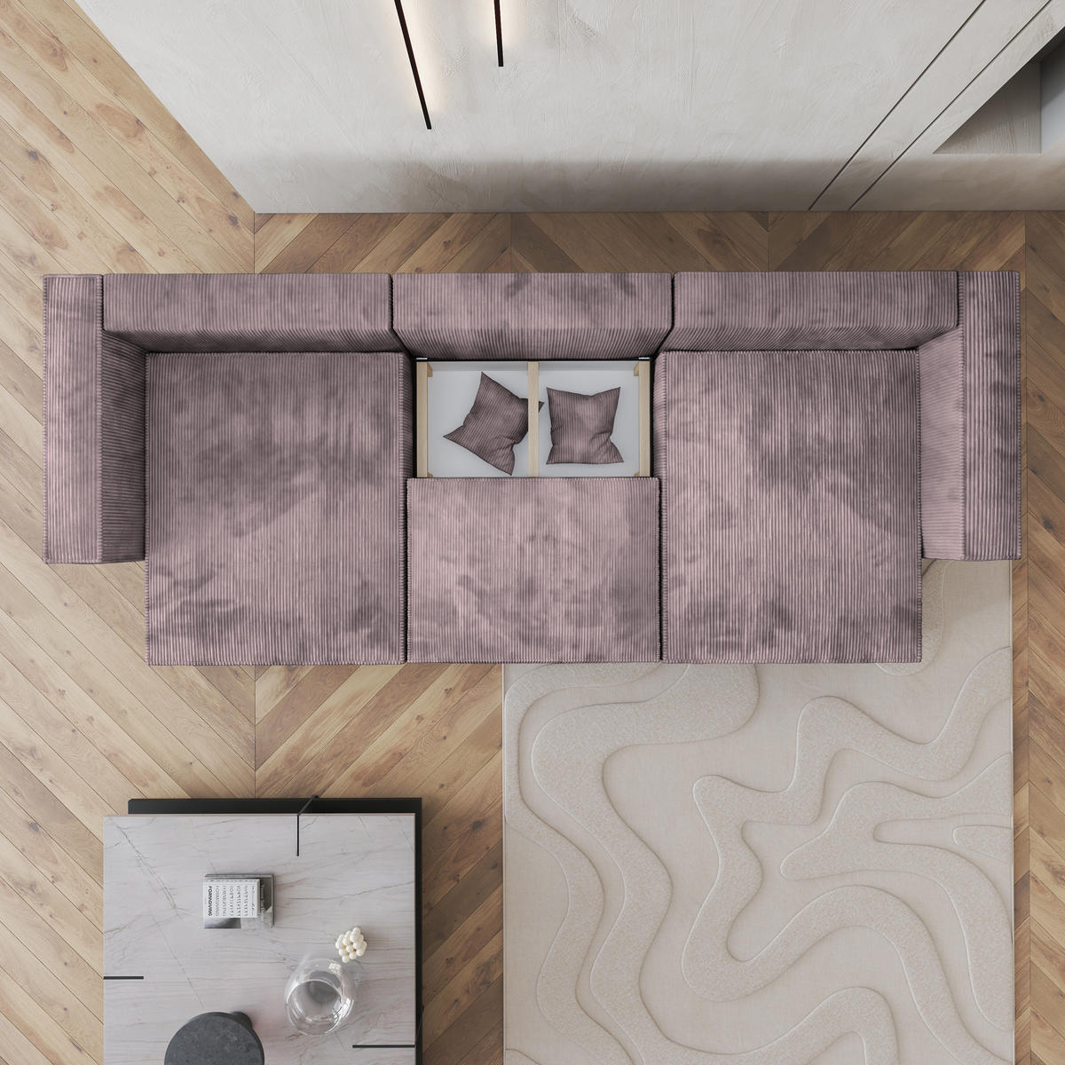 WOHNLANDSCHAFT SARMO P Lila Kordstoff mit Schlaffunktion - Lila, Holz (347/70/148cm) - MASSENO