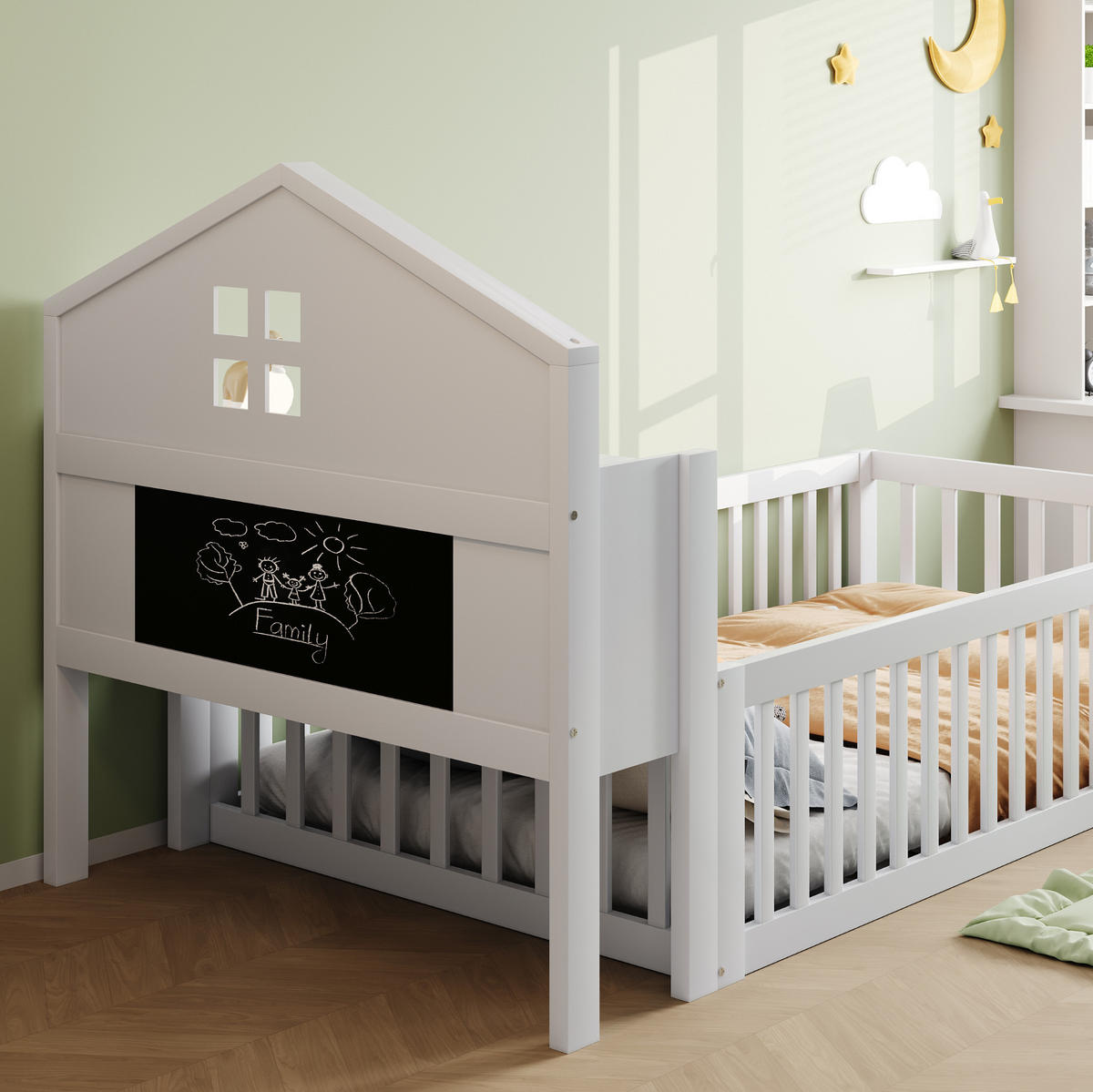 KINDERBETT in Hausform 90x200 cm mit Stauraum und Schutzgitter Weiß - Weiß, Holzwerkstoff (90/200cm) - Beauniv
