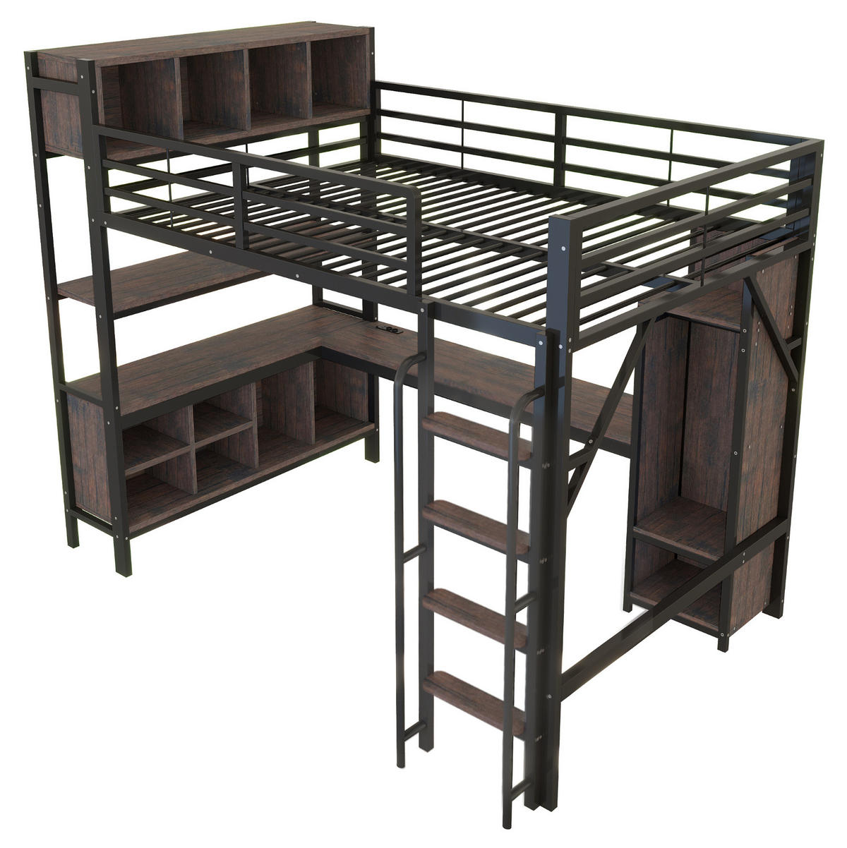 HOCHBETT 140x200 cm in Schwarz mit Schreibtisch, Kleiderschrank, LED und Steckdosen - Schwarz, Metall (140/200cm) - IVMEU